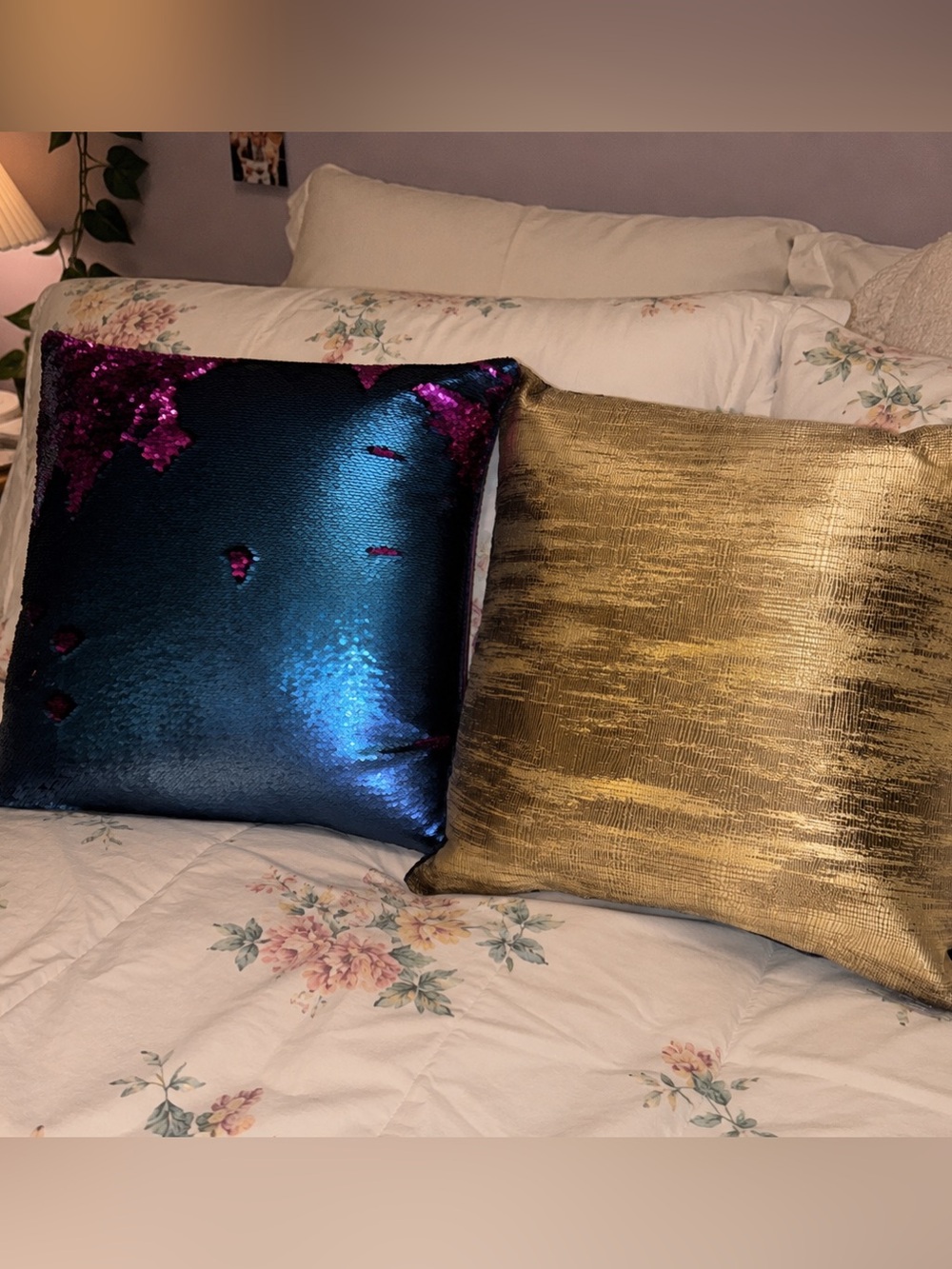 Aviva Stanoff Blue Sequin Reversible & Gold Metallic Accent Pillows
